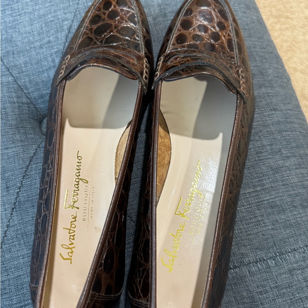 Salvatore Ferragamo Croc-Embossed Brown Flats